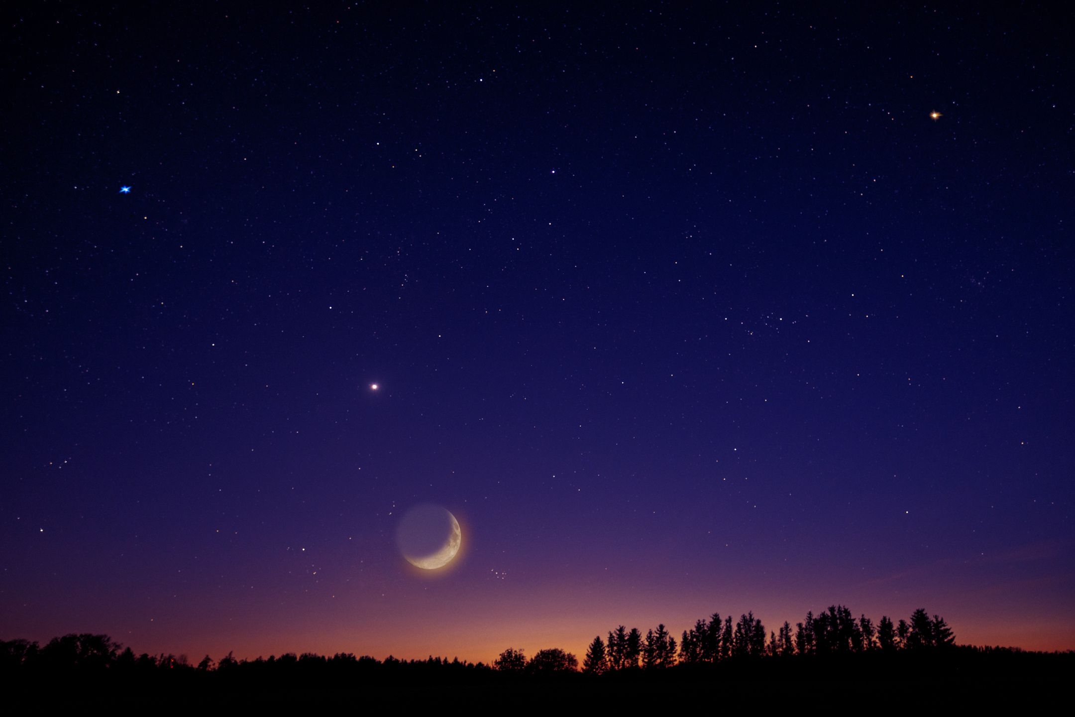 树线之上的新月与星空