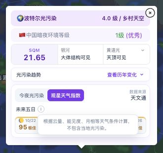 同一地点切换到观星天气指数后，展示不同日期的分数，说明气泡明确提示不包含当地光污染。